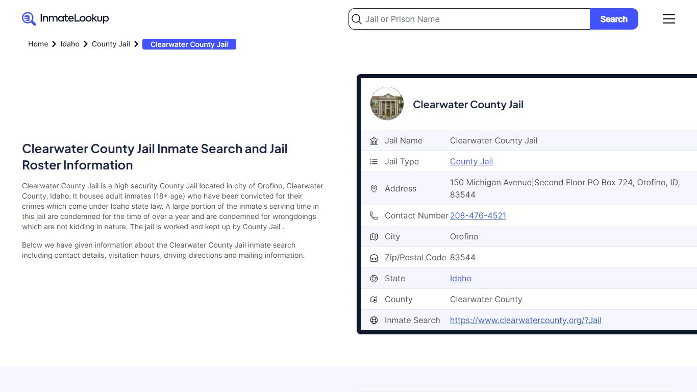 Clearwater County Jail (ID) Inmate Search Idaho - Inmate Lookup